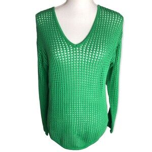 Jeanne Pierre V-Neck Techno Knit Cotton Fishnet Pullover Sweater